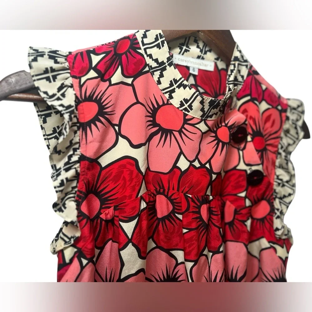 coreylynncalter Red Pink Floral Print Mini SILK Dress Ruffle Cap Sleeves Size 6 - Picture 3 of 9